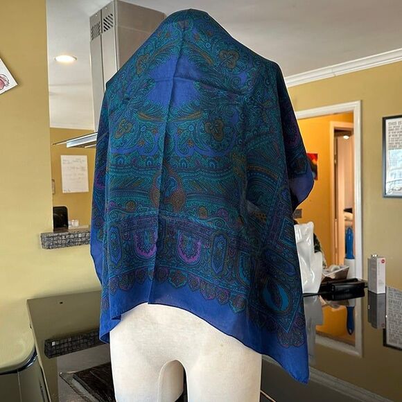 VTG Large Square Silk Cobalt Blue Teal Purple Jewel Toned Paisley Mosaic Scarf - Picture 5 of 16